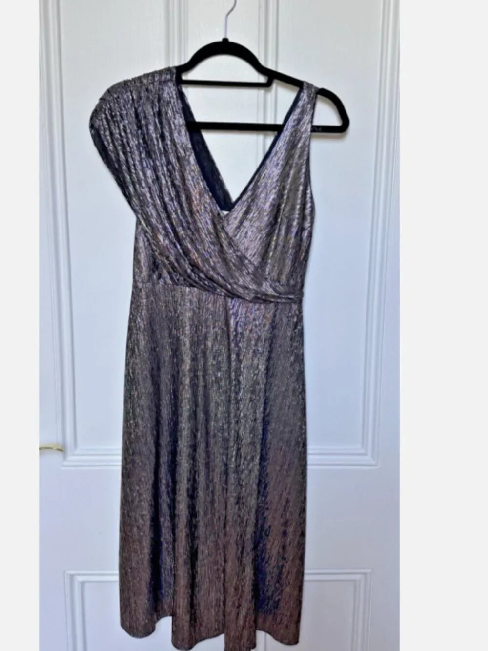 Alice + Olivia Roxy Front-Drape Midi Dress Gold Black Metallic Shimmer Size 2